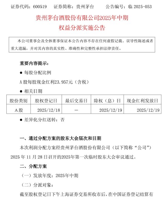 茅台将派发超300亿元现金红利