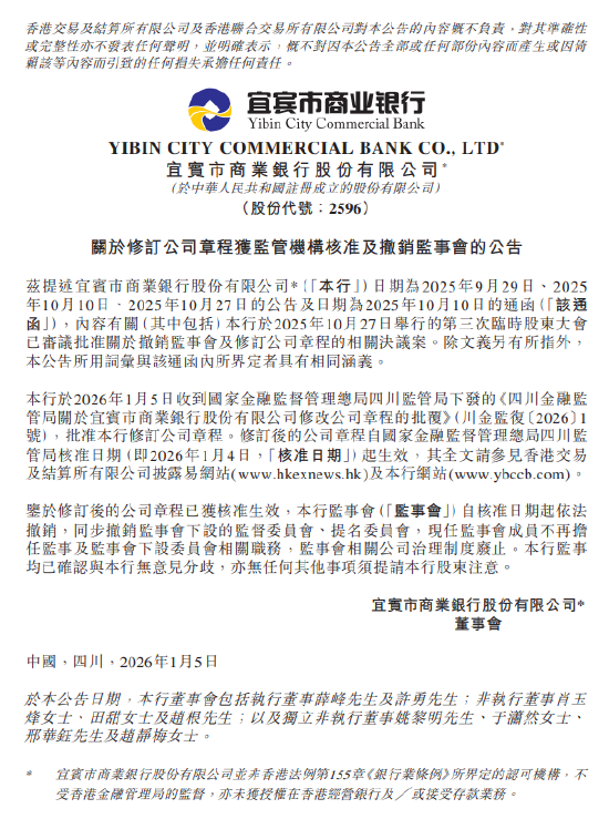 宜宾商行：修订公司章程及撤销监事会议案获监管核准