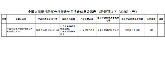 农业银行重庆秀山支行被罚29.2万元:违反金融统计管理规定等